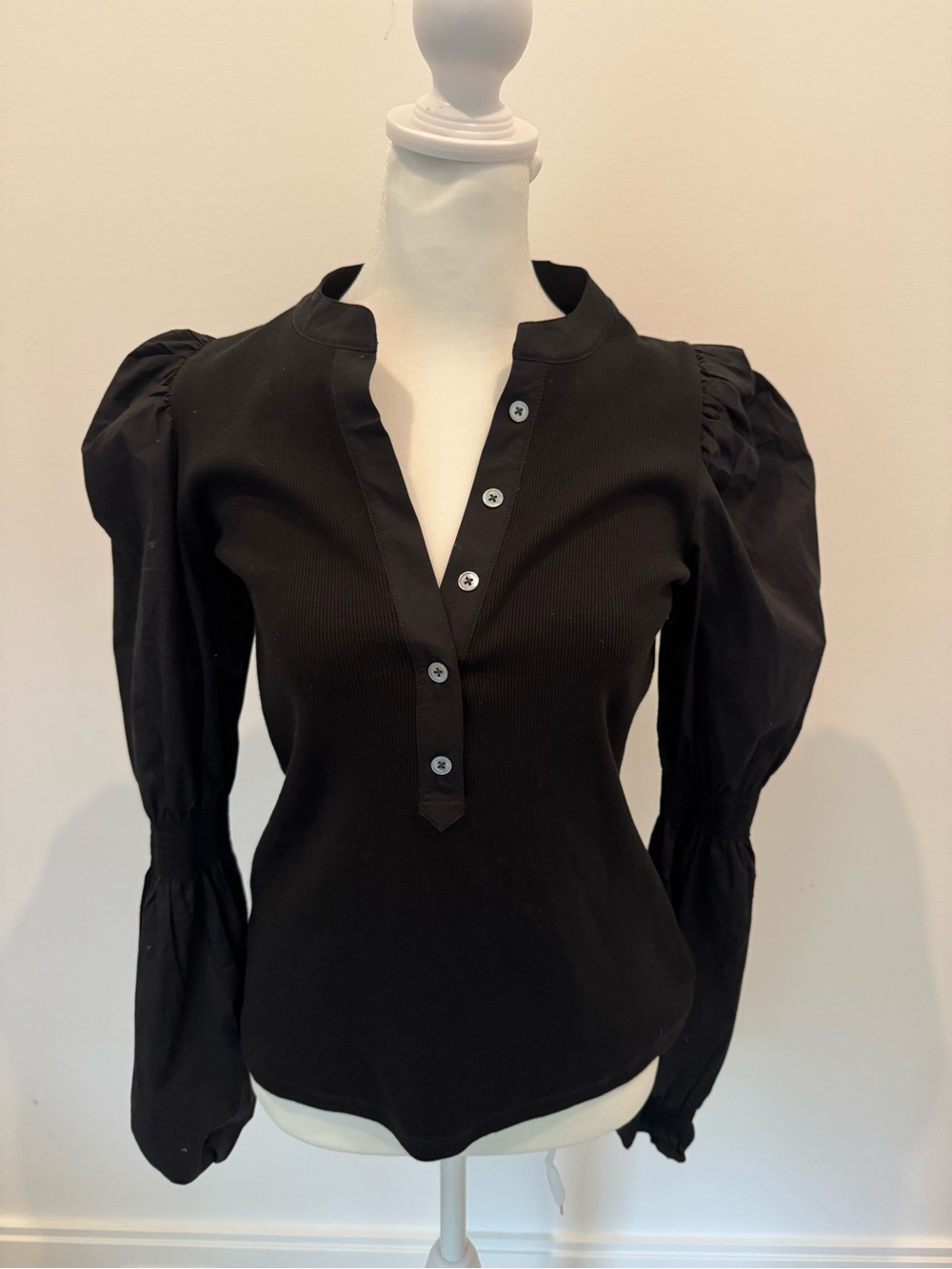 Veronica Beard Black Puff-Sleeve Henley Top